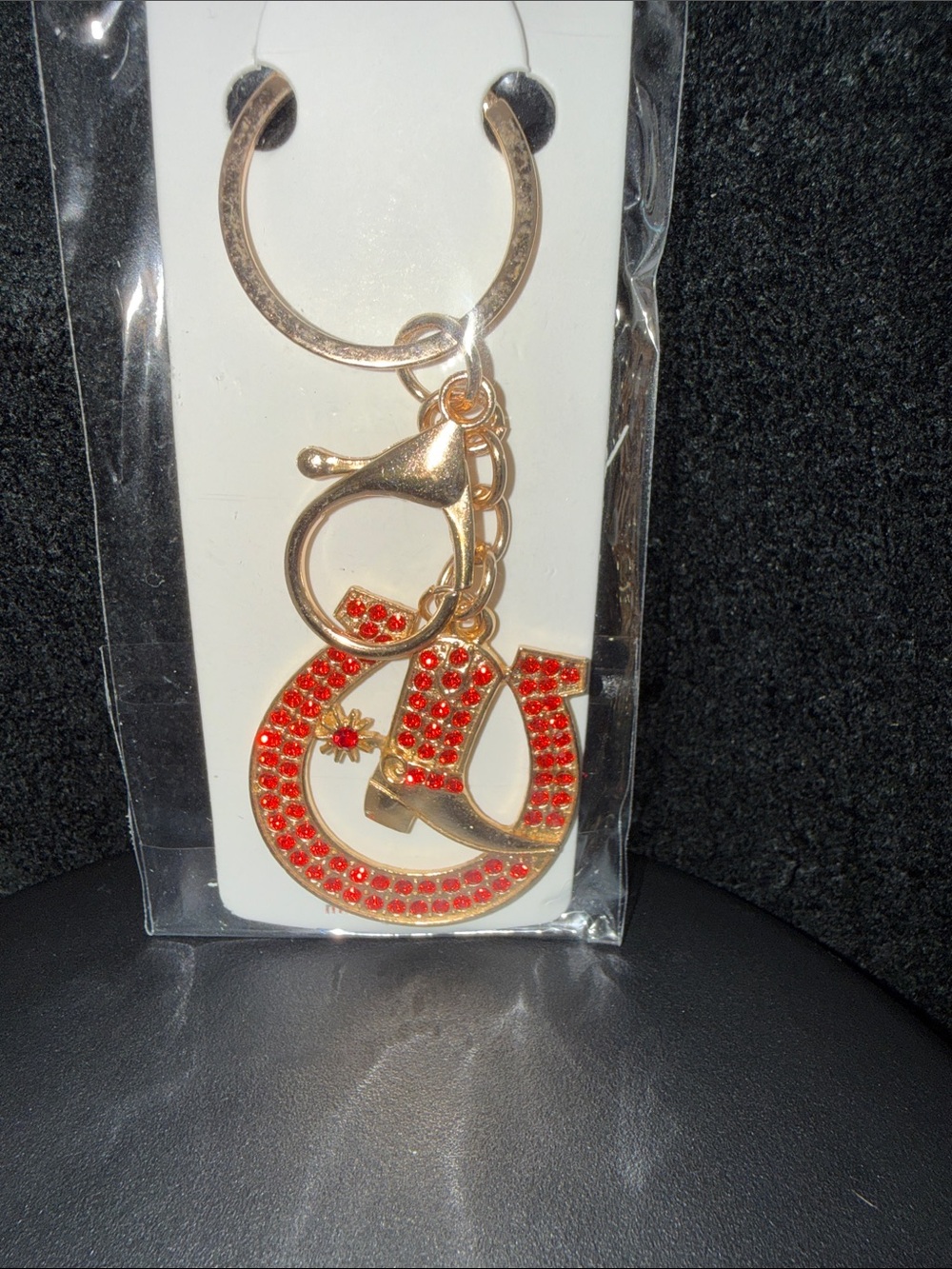 Gold Tone Red Crystal Horseshoe Keychain